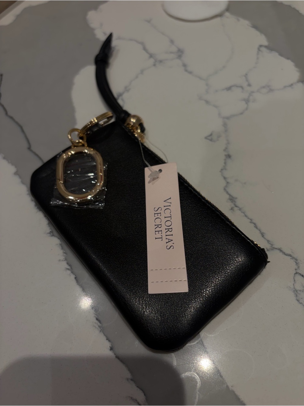 Victoria's Secret Black Wristlet Key Pouch with Gold Hardware